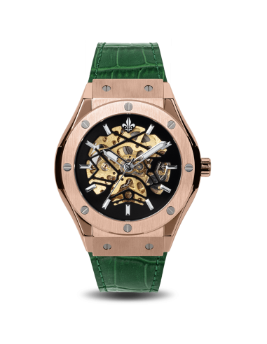 Prague Skeleton Automatic Deluxe - Rose Gold + Green Leather Strap en ligne