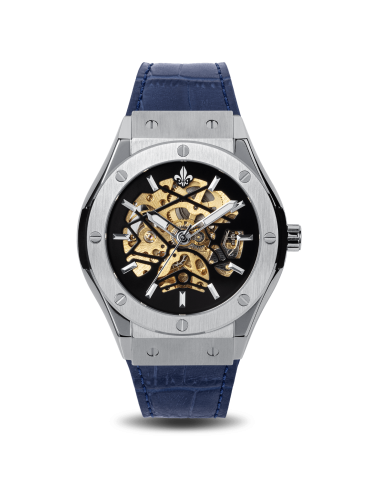 Prague Skeleton Automatic Deluxe - Silver + Blue Leather Strap de votre