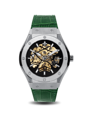 Prague Skeleton Automatic Deluxe - Silver + Green Leather Strap soldes